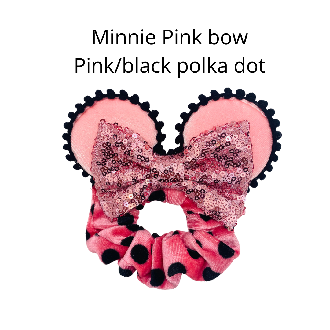 Mouse Ears Scrunchies Minnie Pink Bow polka dot